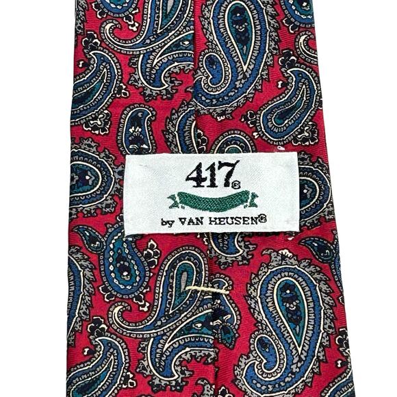 417 by Van Heusen Tie Red Blue Paisley Classic Pointed Red Blue Silk Necktie - Picture 4 of 7